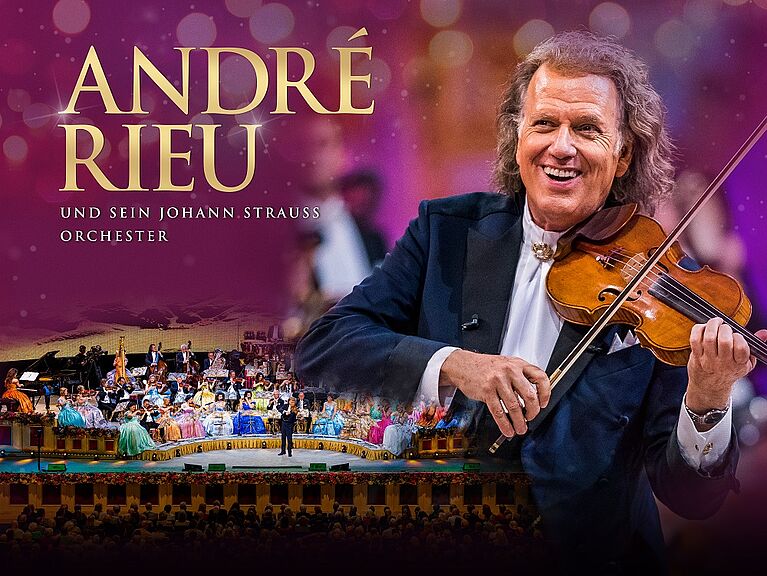 Eine Grafik zeigt im Hintergrund ein Orchester und im Vordergrund André Rieu mit Violine.